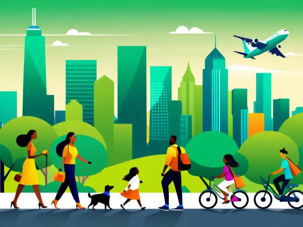 Una ilustración moderna y vibrante de consumidores interactuando con marcas sostenibles, transmitiendo comunidad y conciencia ambiental en la ciudad