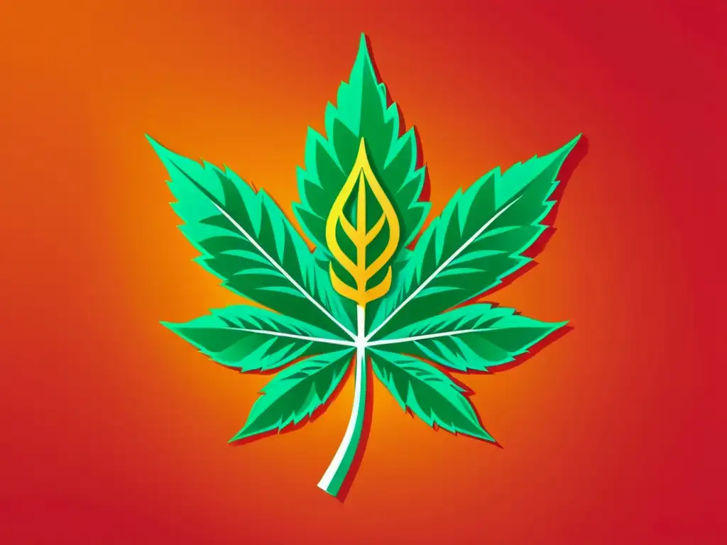 Una ilustración moderna y vibrante de una hoja de cannabis entrelazada con elementos sofisticados de marca, representando la protección legal en el mercado del cannabis