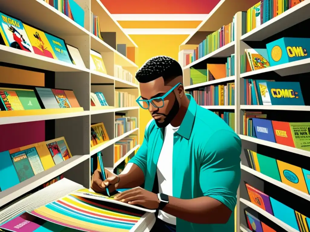 Un ilustrador de cómics apasionado añade color a una escena dinámica, rodeado de cómics y suministros artísticos