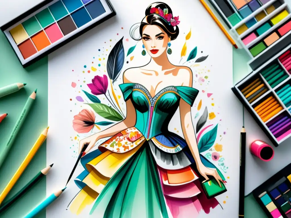 Un ilustrador de moda meticuloso crea una exquisita ilustración de alta costura con colores vibrantes y detalles intrincados