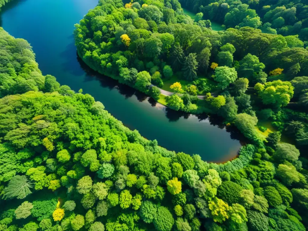 Imagen aérea de exuberante bosque verde con río serpenteante, reflejando el cielo