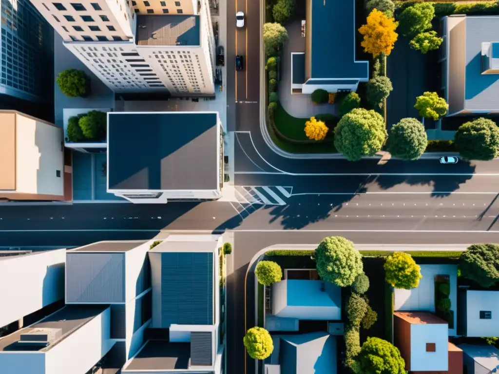 Imagen aérea impresionante de una ciudad capturada por un dron, destacando detalles urbanos con juego de luces y sombras