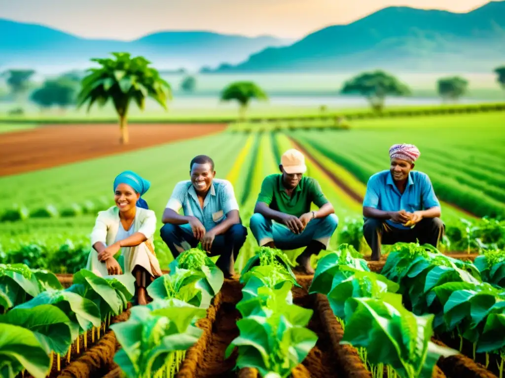 Imagen de agricultores en países en desarrollo utilizando prácticas sostenibles y tecnología moderna en un campo vibrante