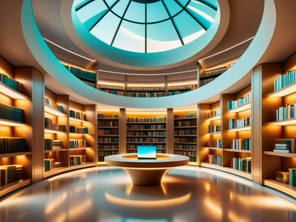 Imagen de una biblioteca futurista con estanterías de cristal llenas de libros holográficos y científicos