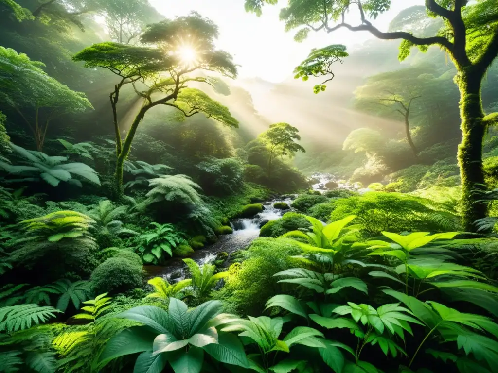 Imagen de un bosque exuberante y vibrante, con luz solar filtrándose a través del dosel, mostrando un ecosistema sostenible con vida vegetal diversa, fauna y arroyos claros que fluyen
