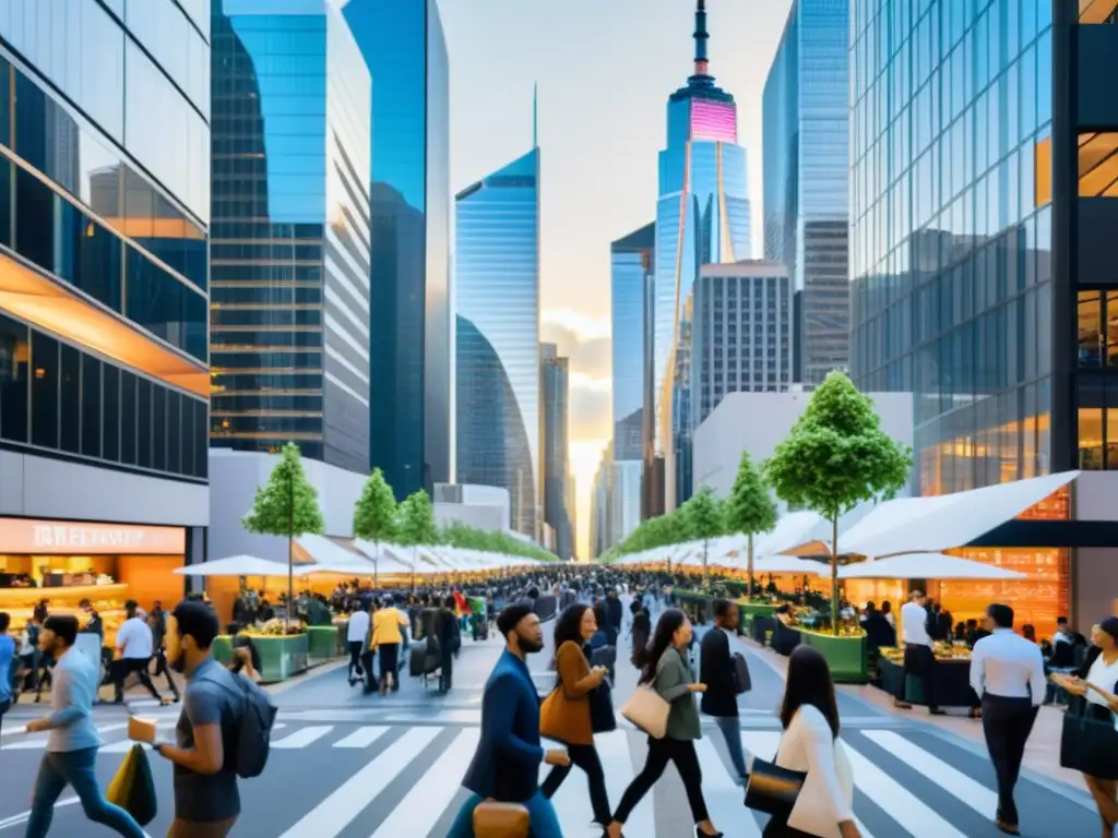 Imagen de una calle bulliciosa en la ciudad, con personas participando en actividades de economía colaborativa, rodeada de rascacielos futuristas que simbolizan el paisaje moderno