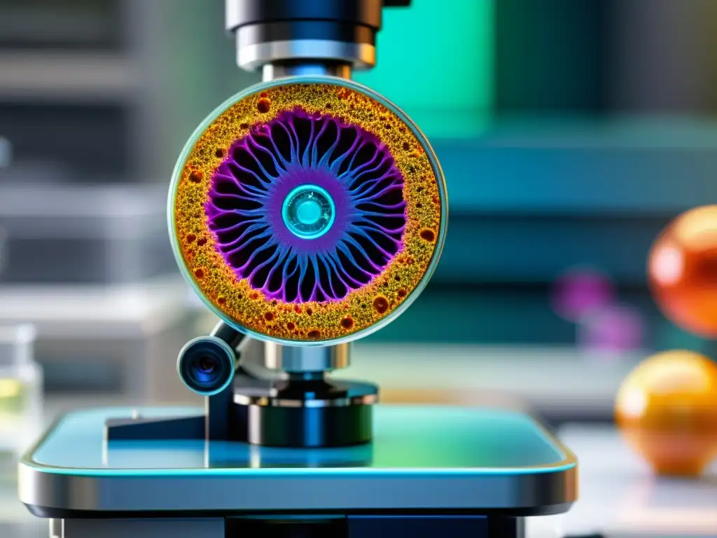 Imagen de célula modificada genéticamente en laboratorio, destacando ética en patentes de biotecnología