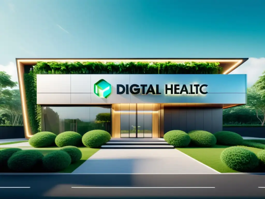 Imagen 8k de clínica de salud digital con diseño futurista, rodeada de vegetación exuberante