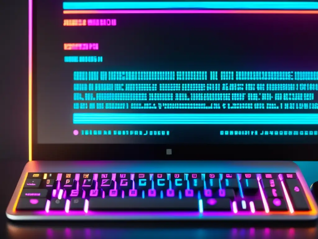 Imagen de código informático futurista en pantalla, rodeada de un espacio de trabajo moderno