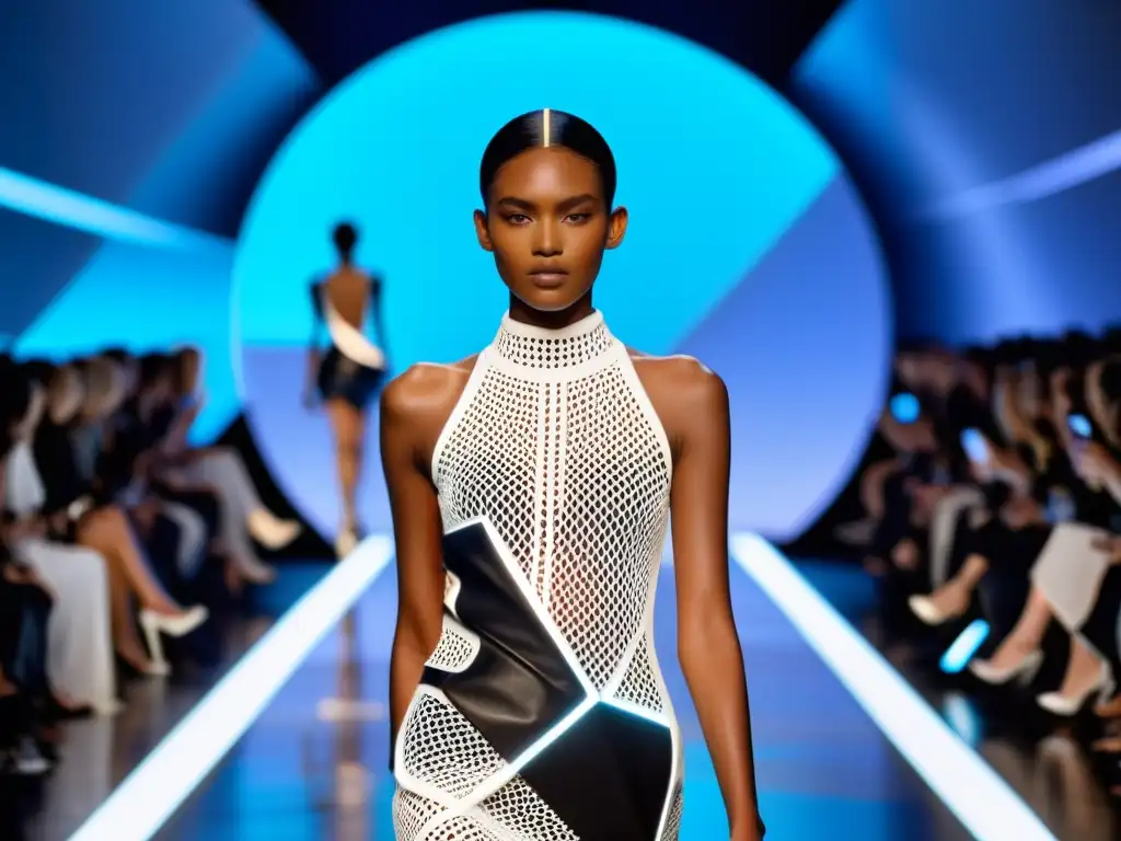 Imagen de desfile futurista de moda wearable, resaltando detalles de diseño tecnológico