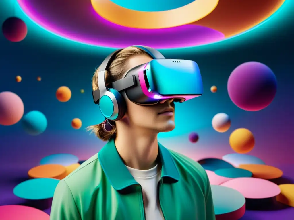 Una imagen detallada en 8k de un auricular de realidad virtual rodeado de objetos de realidad aumentada, con colores vibrantes y elementos de diseño futuristas