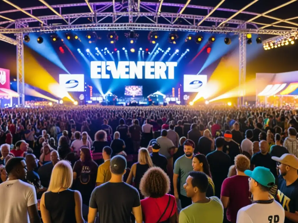 Concierto vibrante: fans, mercancía y escenario Imagen detallada de un bullicioso concierto con puestos de mercancía ofreciendo una variedad de productos