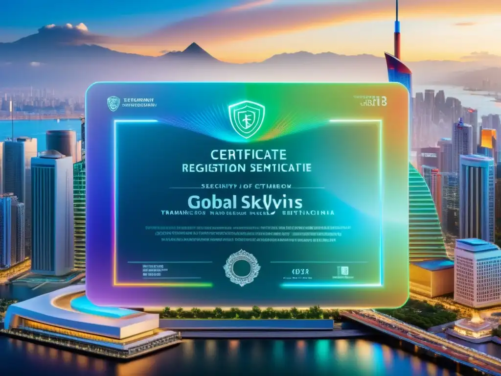 Una imagen detallada de un certificado de registro de marca con hologramas y logos, simbolizando estrategias de protección de marcas internacionales en un mercado global dinámico