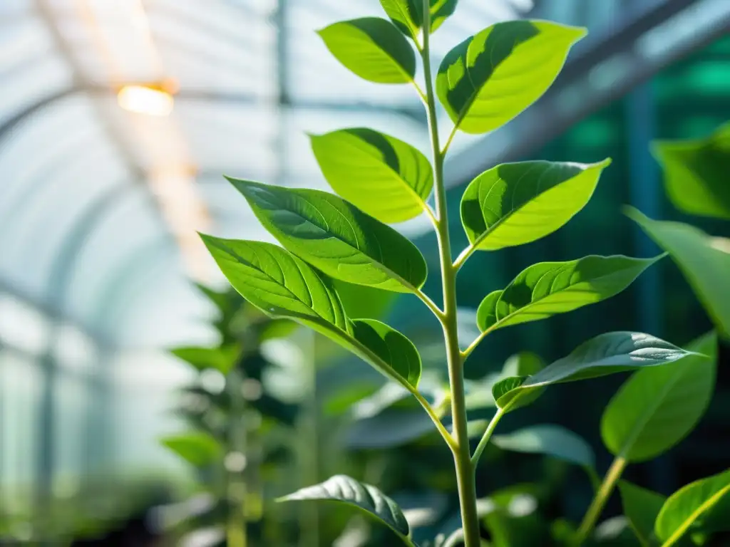 Imagen detallada de un cultivo modificado genéticamente en un invernadero futurista, con hojas verdes vibrantes y patrones de ADN