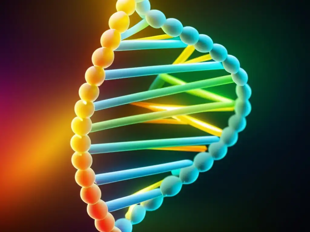 Una imagen detallada de una doble hélice de ADN, con colores vibrantes y brillantes que representan el código genético