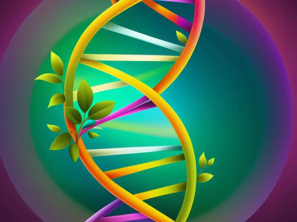 Imagen detallada de una doble hélice de ADN entrelazada con coloridas representaciones abstractas de plantas y recursos naturales, simbolizando los desafíos éticos de patentar recursos genéticos