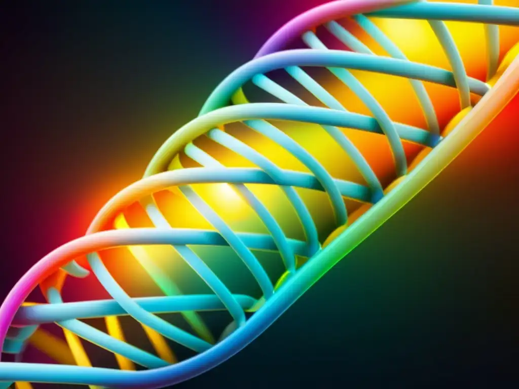Una imagen detallada de una doble hélice de ADN con colores vibrantes y brillantes que representan el código genético