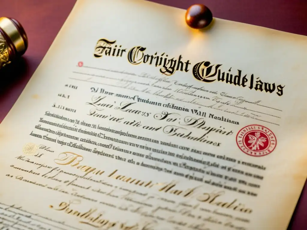 Una imagen detallada de un documento legal con caligrafía intrincada sobre leyes de copyright y estrategias legales protección derechos autor
