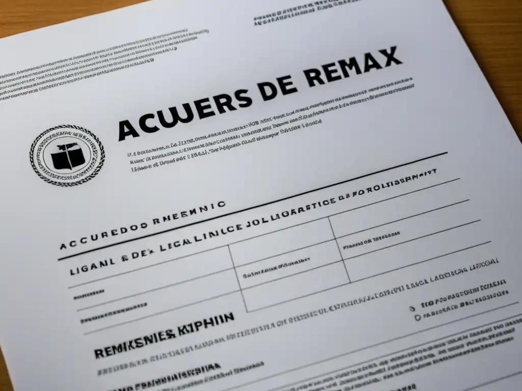 Imagen detallada de un documento legal con tipografía elaborada y formato profesional, destacando el título 'Acuerdos de licencia para remixes