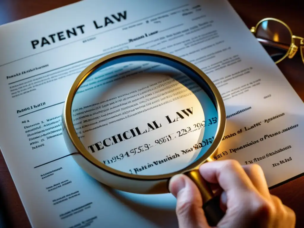 Una imagen detallada de un documento de patente desplegado, con una mano sosteniendo una lupa para resaltar secciones específicas
