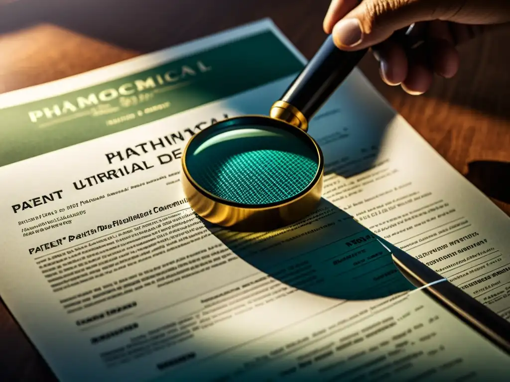 Una imagen detallada muestra un documento de patente farmacéutica con un profesional examinando con una lupa