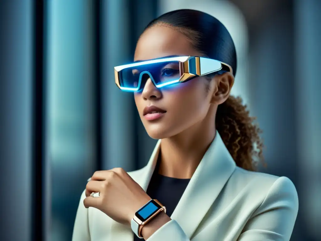 Una imagen detallada de un elegante dispositivo wearable futurista se fusiona con la moda, mostrando el impacto de patentes en wearables