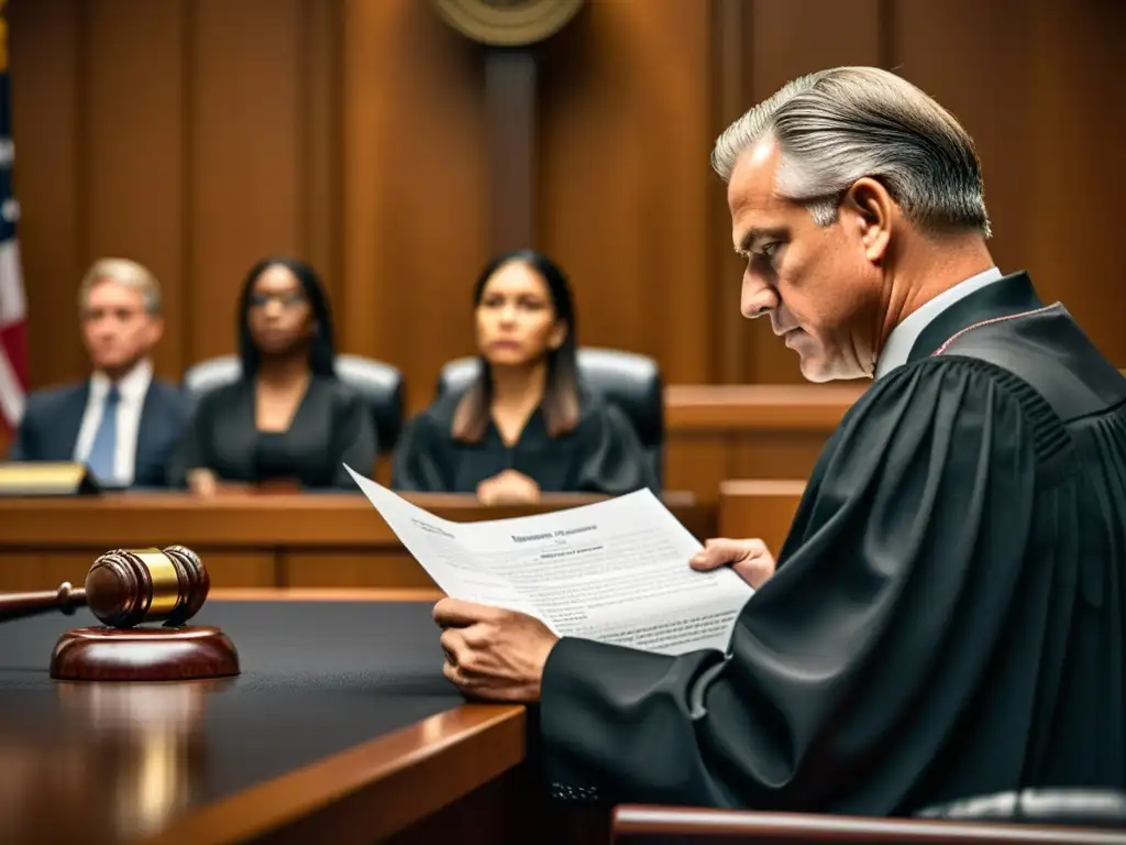 Imagen detallada de una escena en la sala de audiencias, con un juez sosteniendo un mazo y revisando un documento de patente con concentración