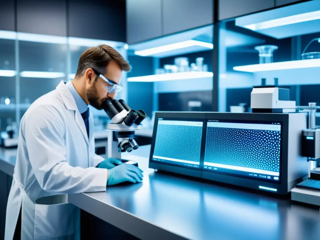 Imagen detallada de un laboratorio moderno con científicos analizando nanodispositivos bajo microscopios avanzados y realizando experimentos con equipo futurista, mostrando las tendencias en patentamiento de nanodispositivos