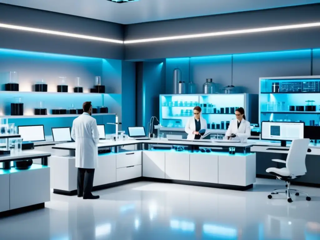 Imagen detallada de un laboratorio moderno con científicos en batas blancas, equipo de alta tecnología y tecnología futurista