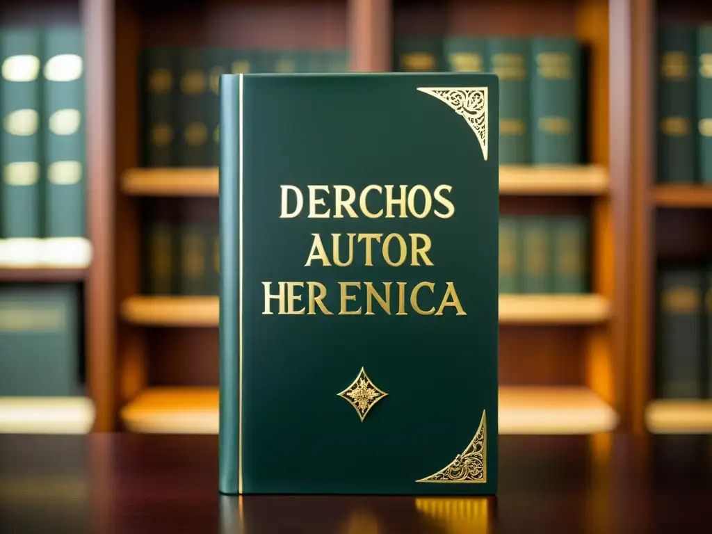 Imagen detallada de un libro vintage de cuero con el título 'Derechos de Autor y Herencia' en caligrafía elegante