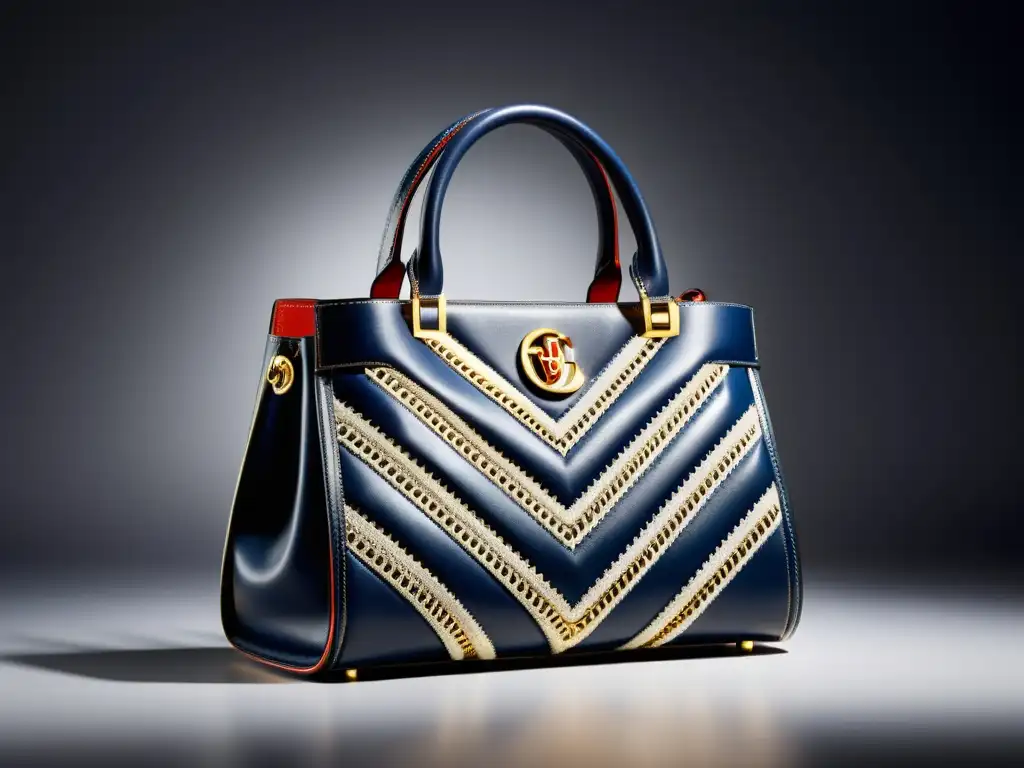 Una imagen detallada de un lujoso bolso de diseñador con patrones e adornos, representando la propiedad intelectual en accesorios de moda