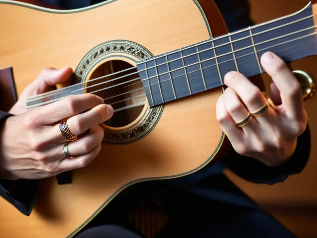 Imagen detallada de manos de músico tocando guitarra clásica, con anillos y pulseras