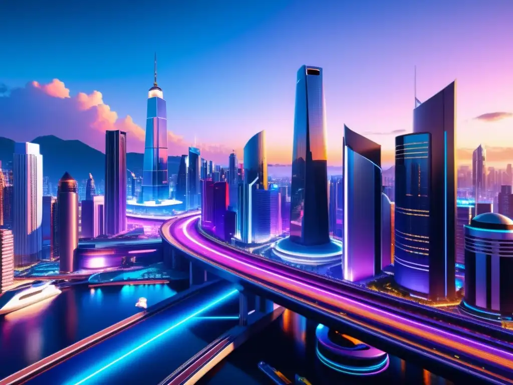 Imagen detallada de un mundo virtual futurista en un videojuego, con rascacielos, calles llenas de vehículos y luces de neón