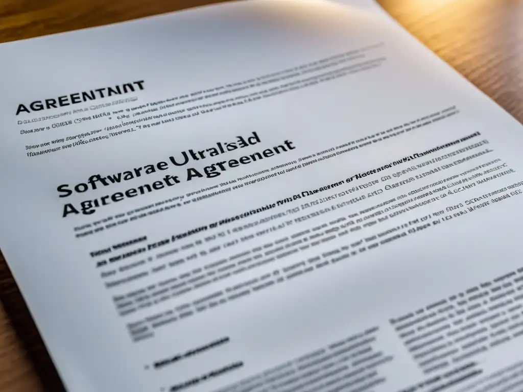 Imagen detallada y nítida de un documento de cláusulas esenciales de licencias de software, en un entorno moderno y profesional