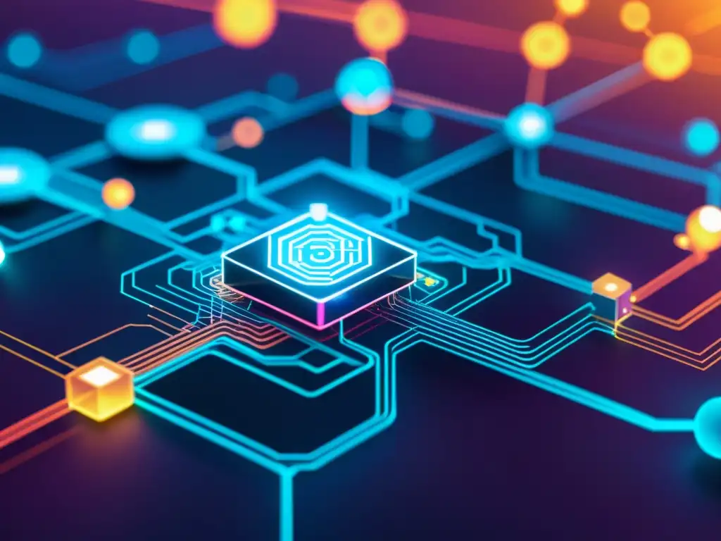 Imagen detallada de nodos y bloques de datos interconectados en blockchain, con colores vibrantes y futuristas que representan los desafíos de interoperabilidad blockchain para la propiedad intelectual