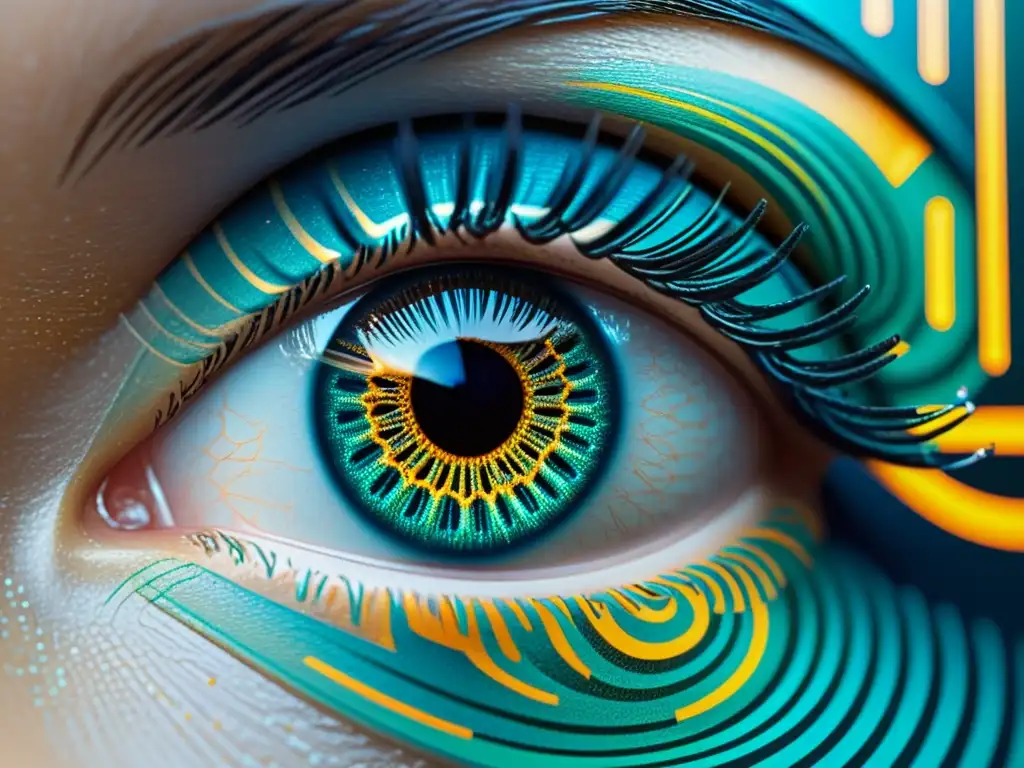 Una imagen detallada del ojo humano con patrones digitales y códigos binarios, representando los riesgos de privacidad en biometría