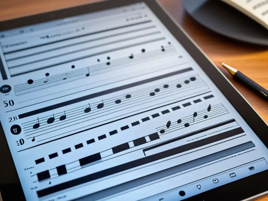 Una imagen detallada de una partitura digital en una tableta de alta resolución, rodeada de elementos musicales en un elegante entorno minimalista