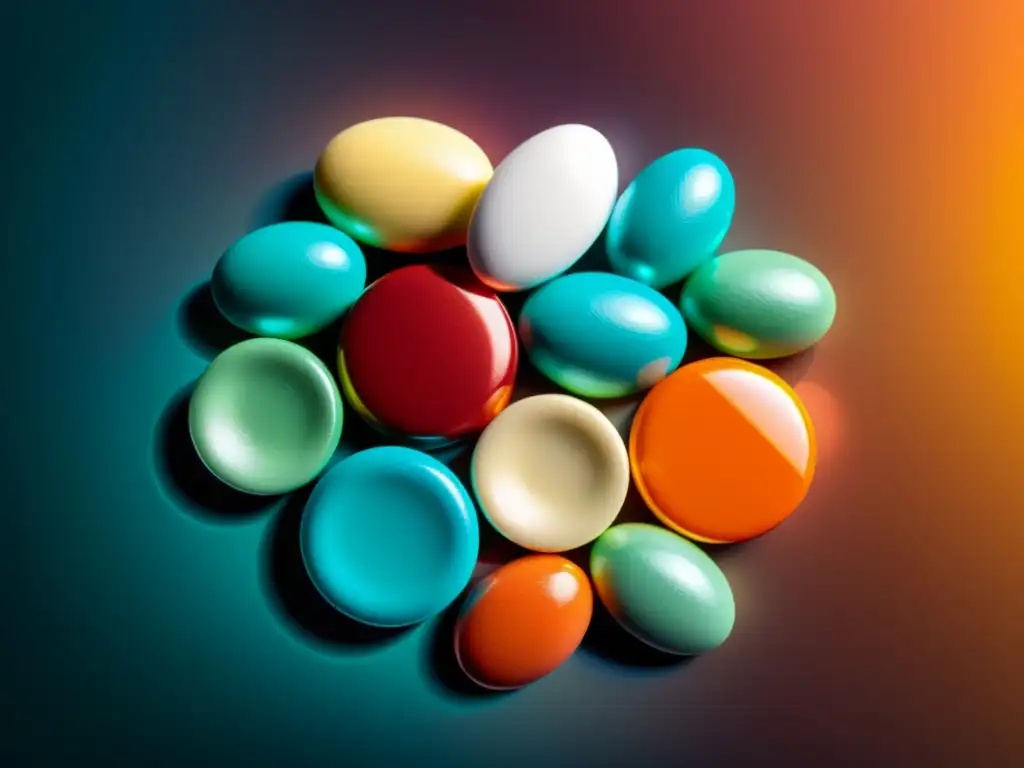 Una imagen detallada de pastillas genéricas dispuestas en un patrón preciso sobre una superficie moderna y reflectante