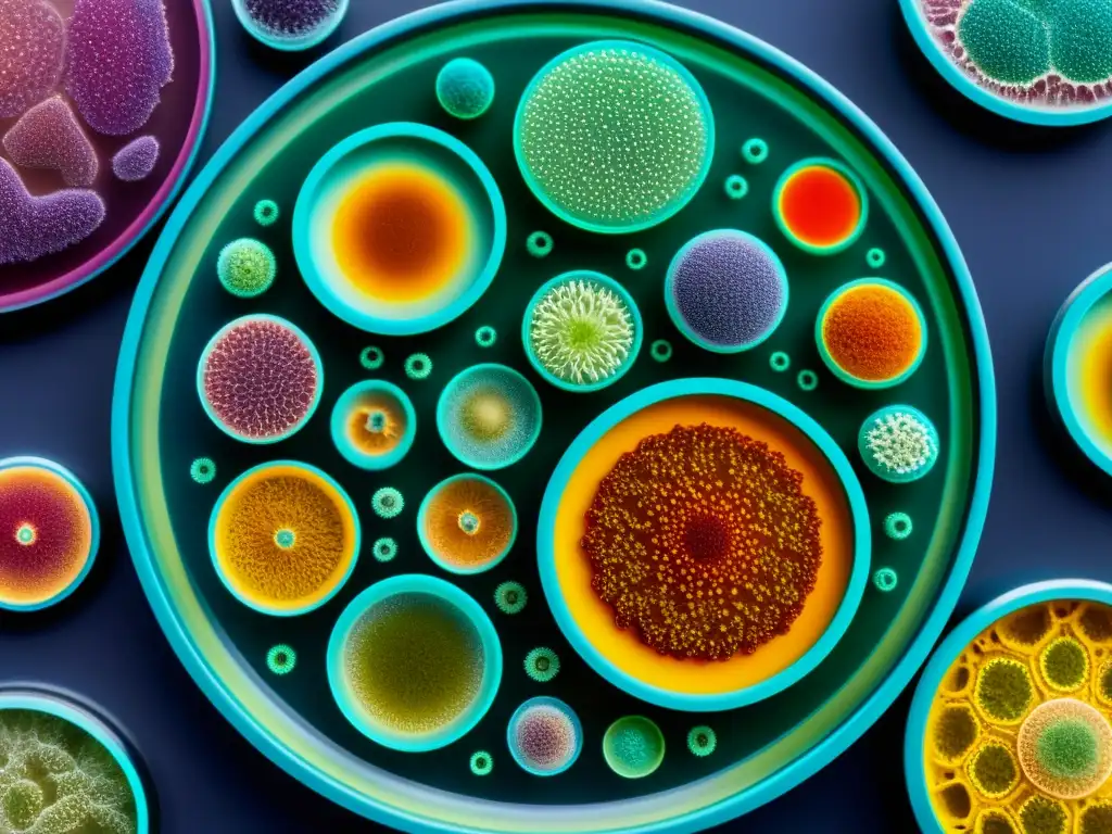 Una imagen detallada de una placa de Petri con cultivos microbianos coloridos, destacando la complejidad y la innovación en la biotecnología
