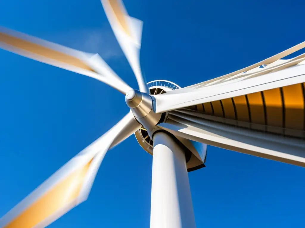 Una imagen detallada de una sofisticada y futurista turbina eólica, capturando movimiento y energía renovable