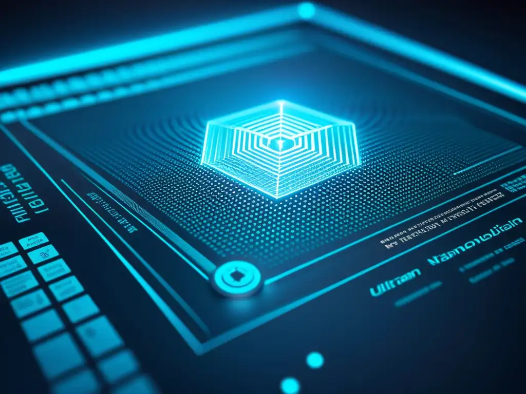 Imagen detallada de una solicitud de patente de nanotecnología, con símbolos científicos y un patrón futurista, iluminada con luz azul
