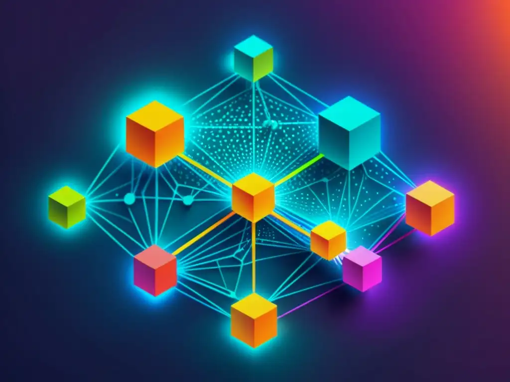 Imagen digital de blockchain en protección propiedad intelectual, con nodos interconectados en colores vibrantes y futuristas