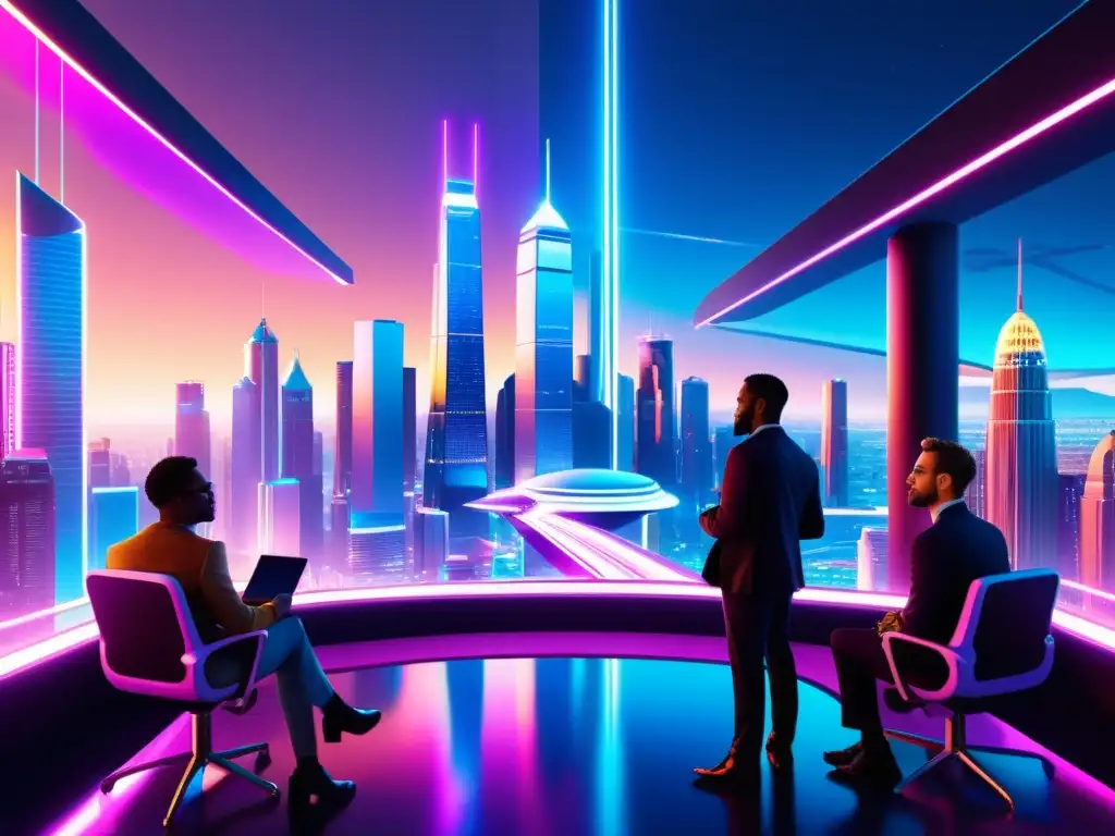 Imagen digital de una ciudad futurista con rascacielos y tecnología avanzada, iluminada por luces de neón