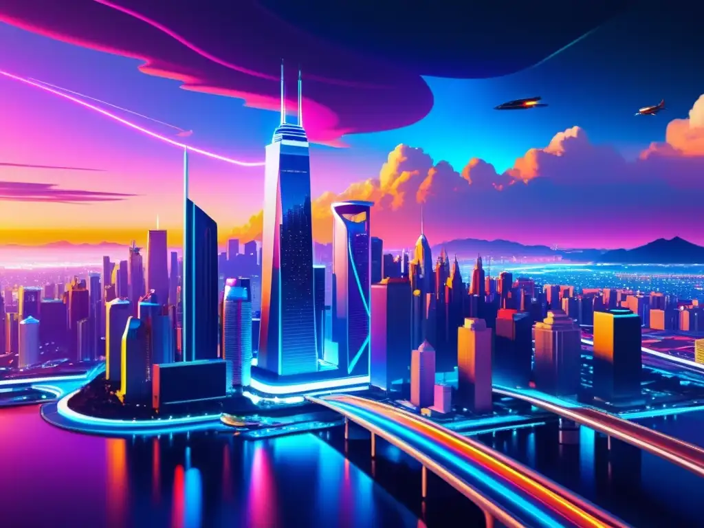 Imagen digital de una futurista ciudad con rascacielos, vehículos flotantes y tecnología avanzada