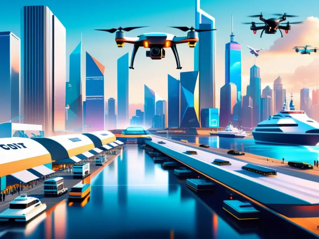 Imagen digital de un futurista puerto comercial internacional con drones de carga avanzados y controles aduaneros automatizados