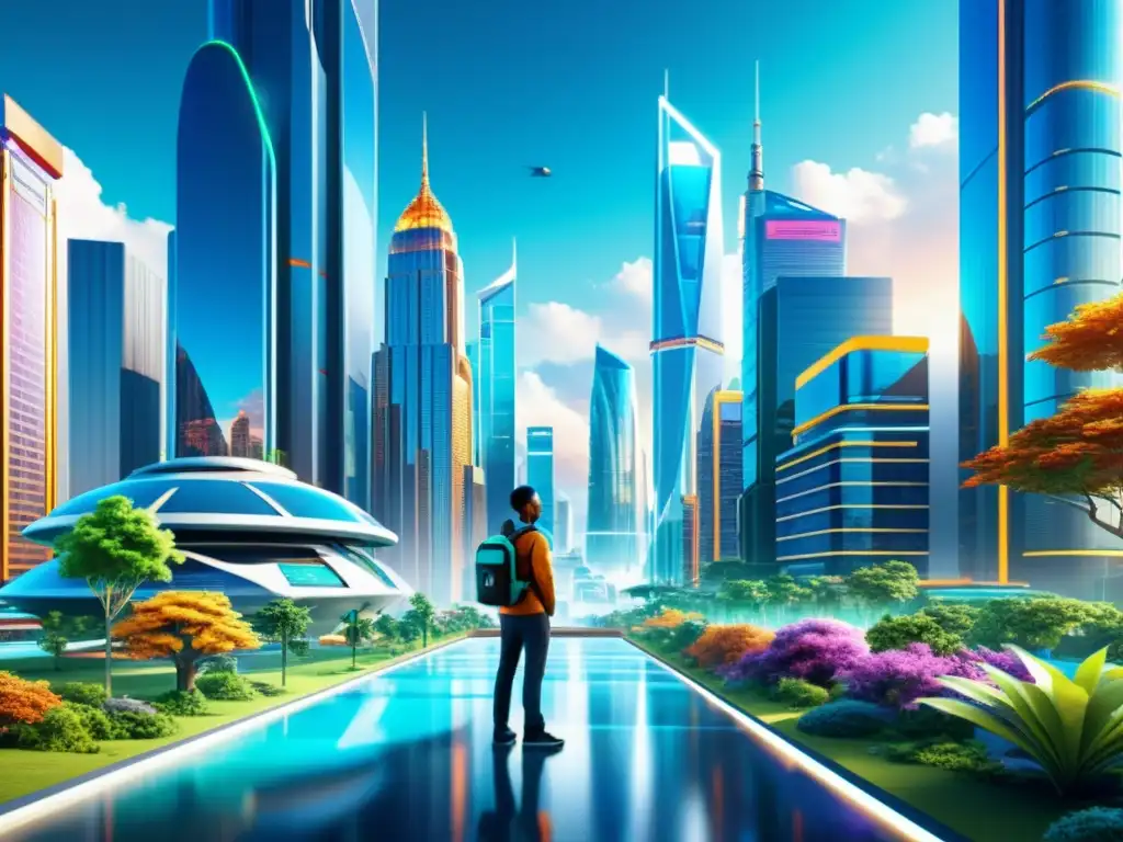Imagen digital de un mundo virtual futurista con ciudad y tecnología avanzada, donde los personajes participan en actividades interactivas