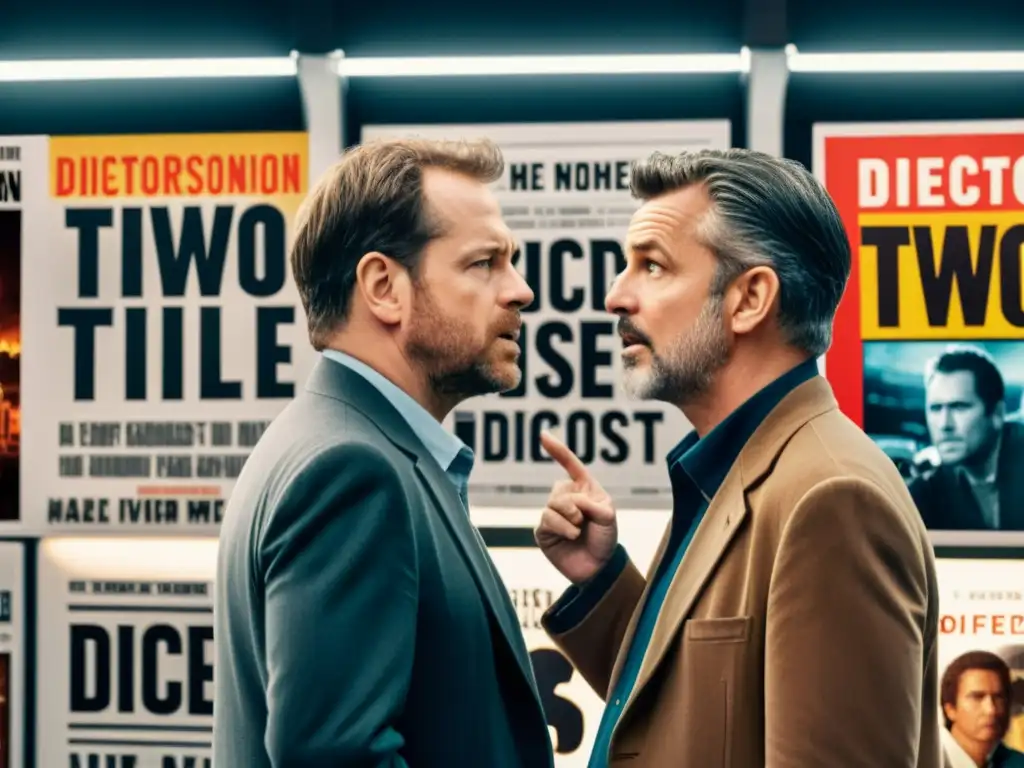 Imagen de directores discutiendo rodeados de carteles con títulos conflictivos, representando las disputas de título en el cine