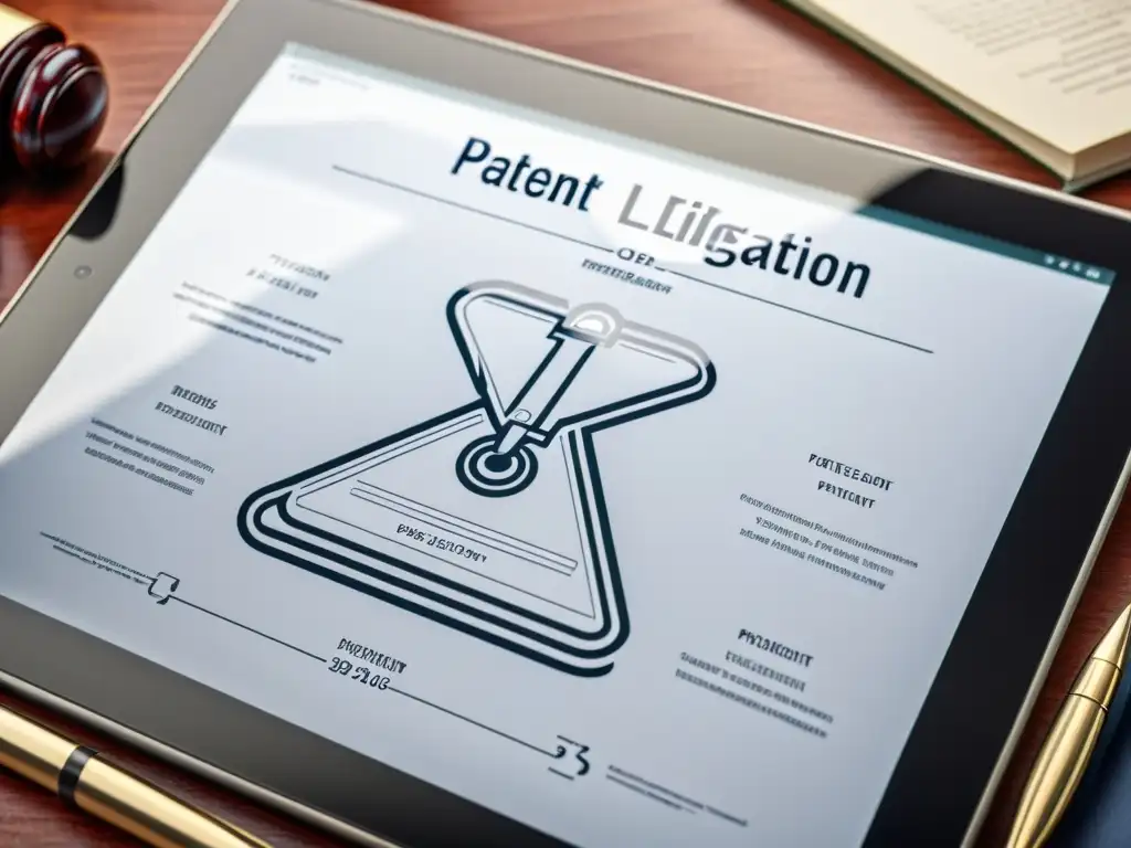 Una imagen de diseño de patentes en litigio que destaca la profesionalidad y la expertise, rodeada de elementos legales y tecnológicos