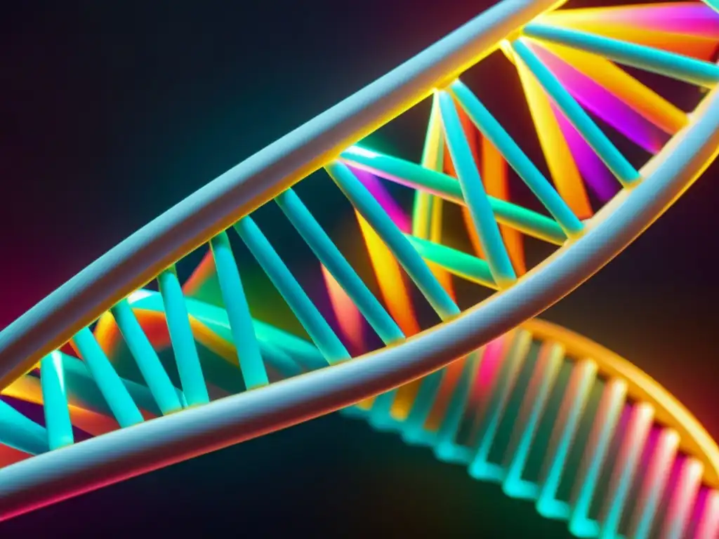 Una imagen de doble hélice de ADN iluminada con luces neón, resaltando la alta tecnología y la innovación en patentes en financiación de biotecnología