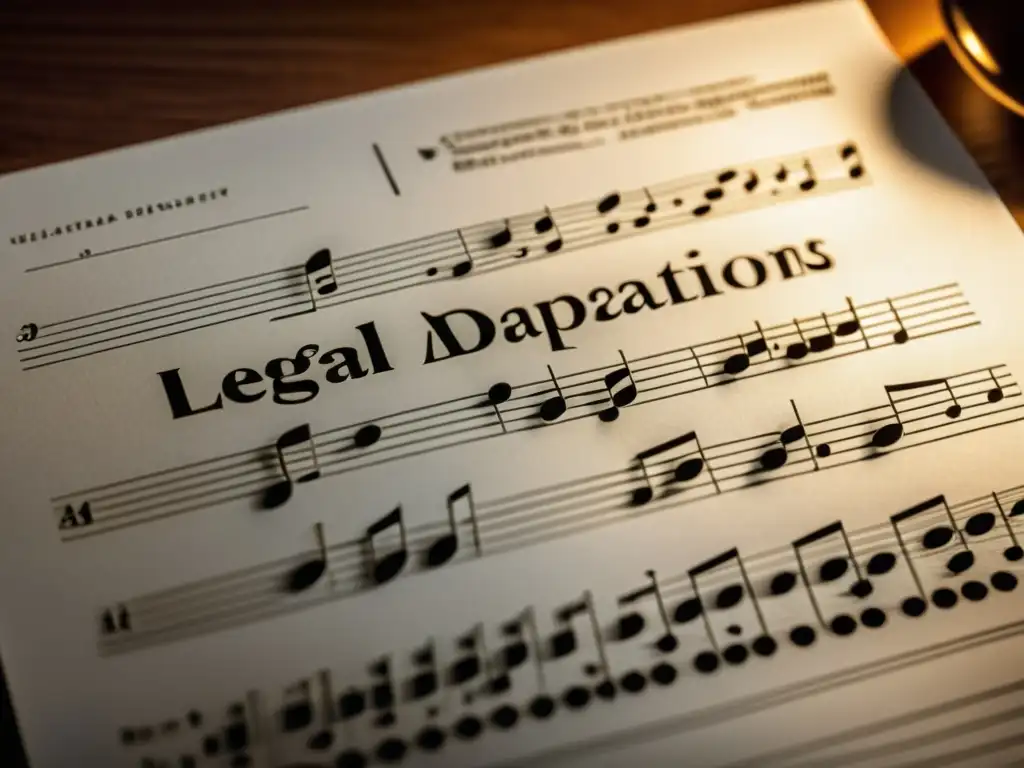 Imagen 8k de documento legal con notas musicales entrelazadas, destacando los derechos de autor en arreglos